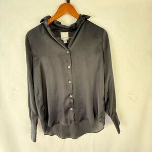 &M Industry Charcoal Gray Satin Button Down Blouse Long Sleeve XS Silky